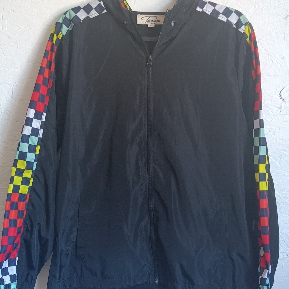 CLEARANCE SALE!! Vibrant Black Windbreaker with Checkered Sleeves Sz M